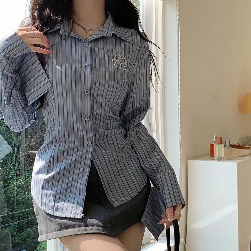 Striped Shirts Women Long Sleeve Slim Fit Single Breasted Japanese Style Students Fashion All-match OL Elegant Designed Tops
