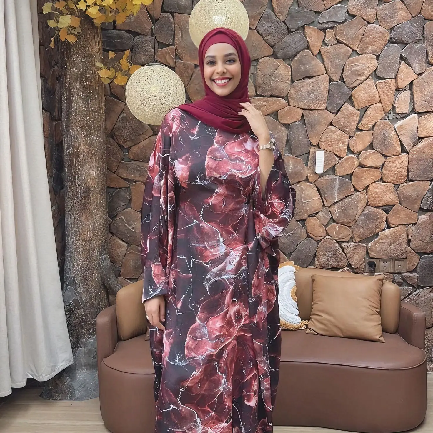 Otoño nueva moda musulmana Abaya vestido Hijab conjunto estilo árabe Dubai Abaya moda impresa Abaya Kaftans vestidos modestos traje