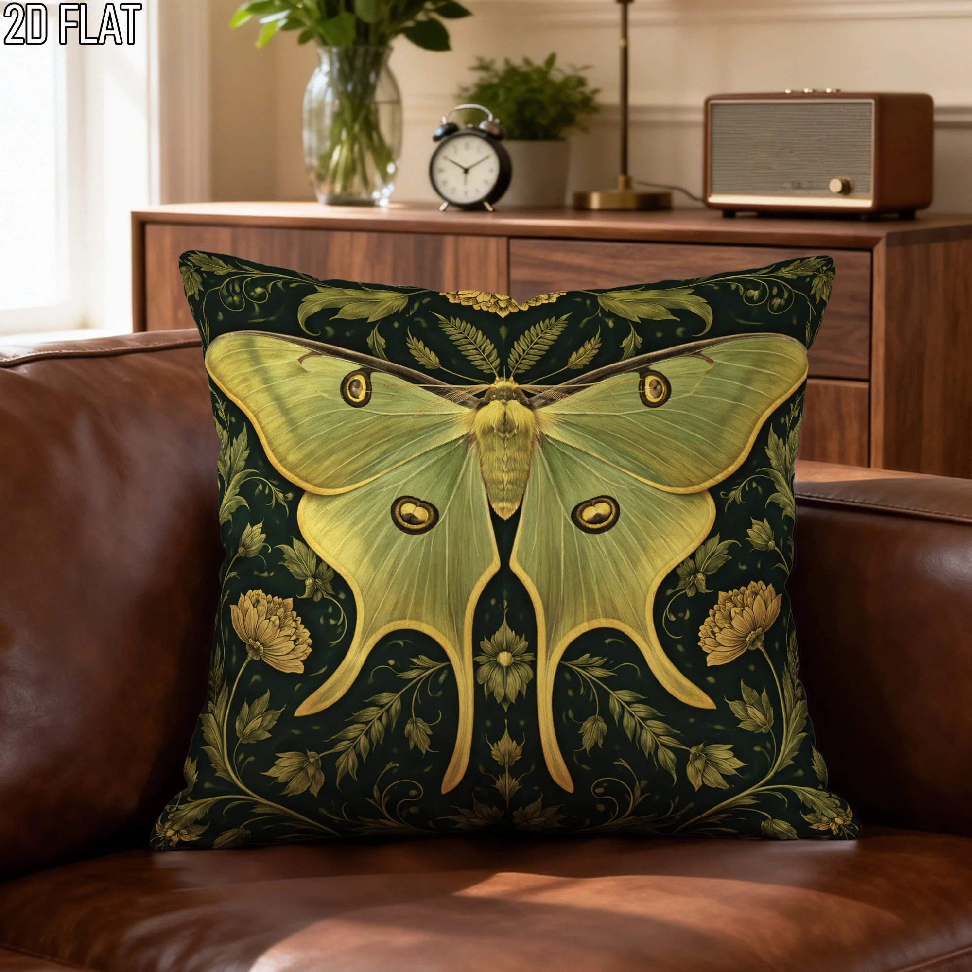 Vintage Luna Moth Throw Pillow Cover Dark Green Floral Botanical Art Cushion Case for Witchy Cottagecore Home Decor