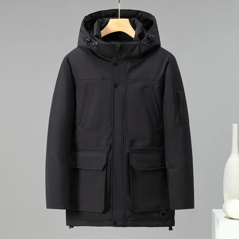

Winter Man Cargo Jacket New Thicken Simple Solid Color Pocket Zipper Male Coat Long Sleeve Hooded Outdoor Sport Men Outerwear
