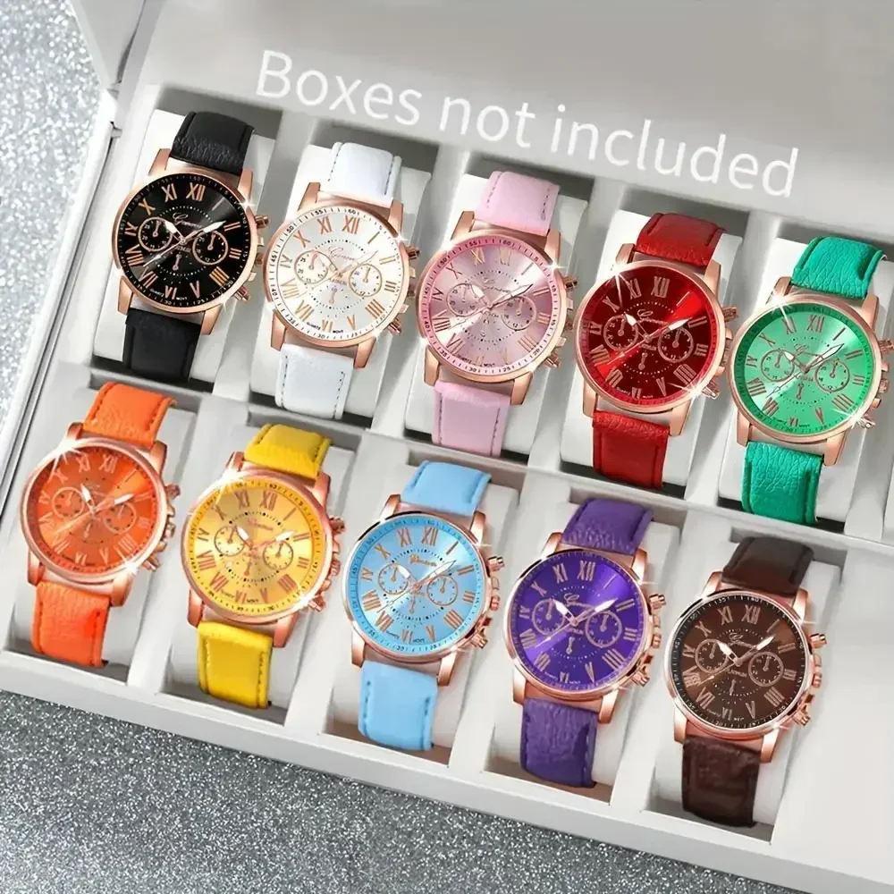 10pcs-Fashion Quartz Watch Set, Unisex (Multiple Colors), PU Leather Strap, Alloy Case, Ideal Gift for Friends and Family