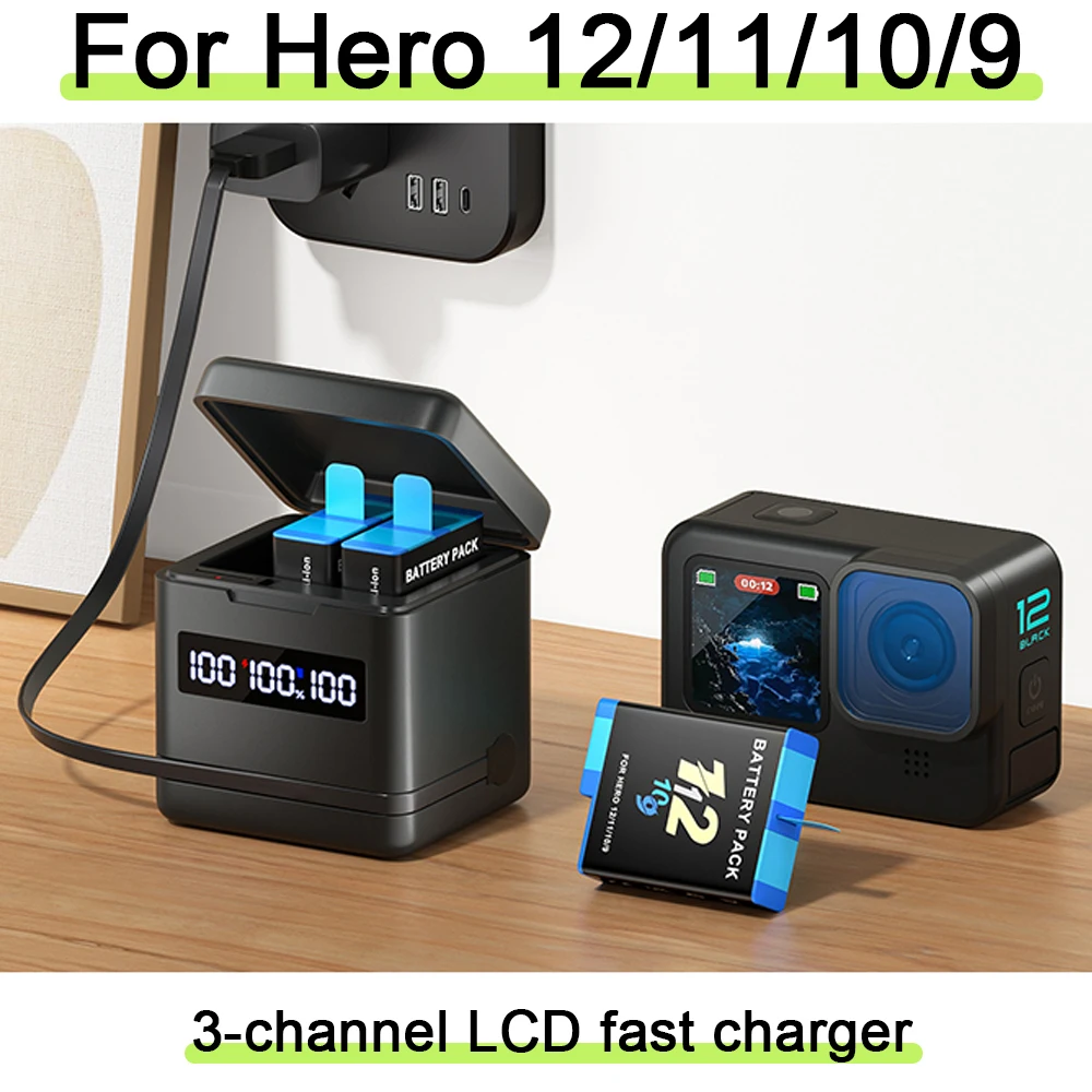 

PALO 2000mAh Rechargeable Battery For GoPro Hero 12 11 10 9 with 3-channel LCD fast charger for Go Pro 12/11/10/9 camera Battery