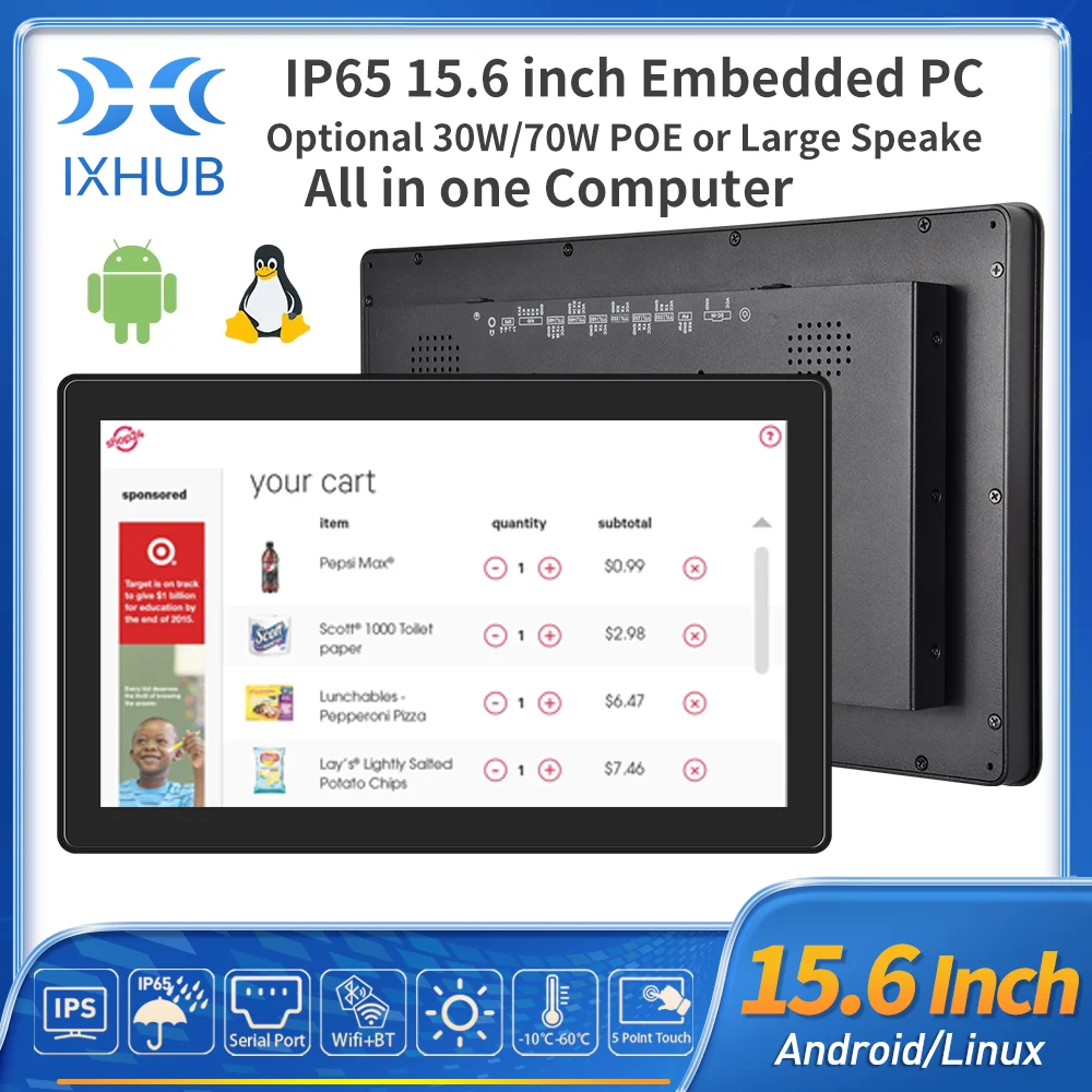 

Новый безвентиляторный 15,6-дюймовый промышленный встроенный универсальный ПК IXHUB Andriod11, Wi-Fi, 8G, 128G, сенсорный экран Ubuntu, настенный IP65