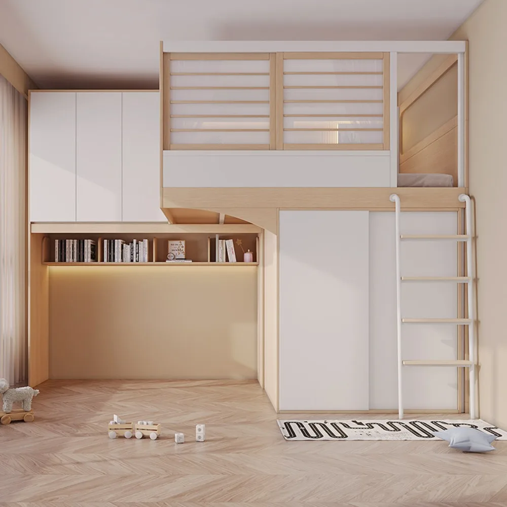 Hochbett mit Sofa und Kleiderschrank, getrenntes Hoch-Tief-Schlafbett, Twin-Bettgestell, platzsparende Möbel für kleine Räume