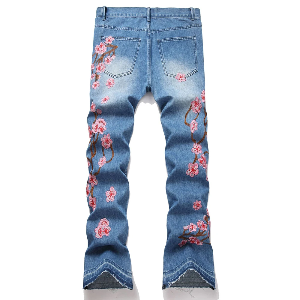 Herren-Jeans mit Sakura-Stickerei, Streetwear, Boot-Cut-Hose, ausgestellter Saum, ausgestellte Hose mit Rissen und Kirschblüten-Design – Detail 37
