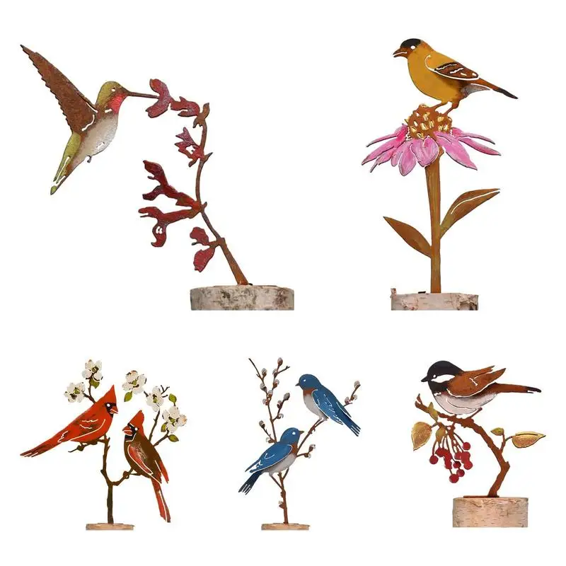 Metal Bird Garden Stake Rusty Tits And Berries Autumn Decoration Metal Painted Bird Outdoor Decoration For Front Backyard Fence