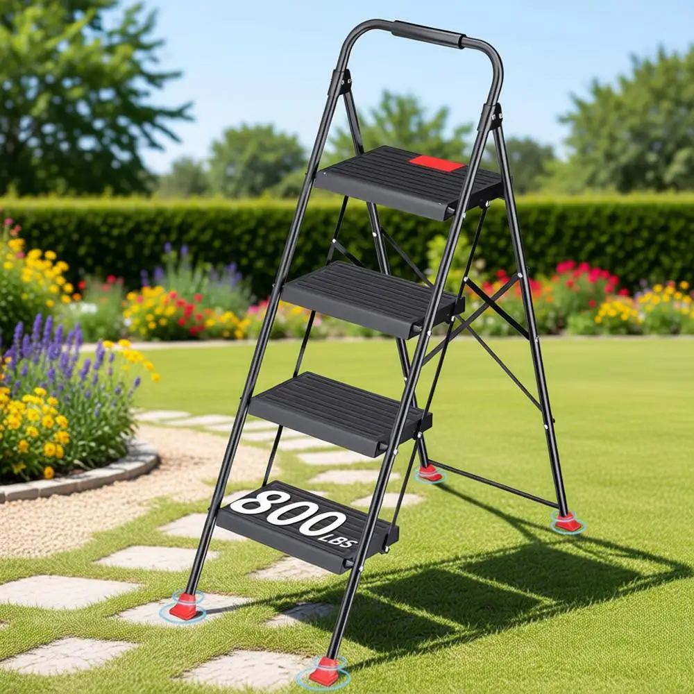 

Четырехступенчатая выдвижная лестница с поручнями для тяжелых условий эксплуатации в доме и на кухне - выдерживает нагрузку до 800 фунтов