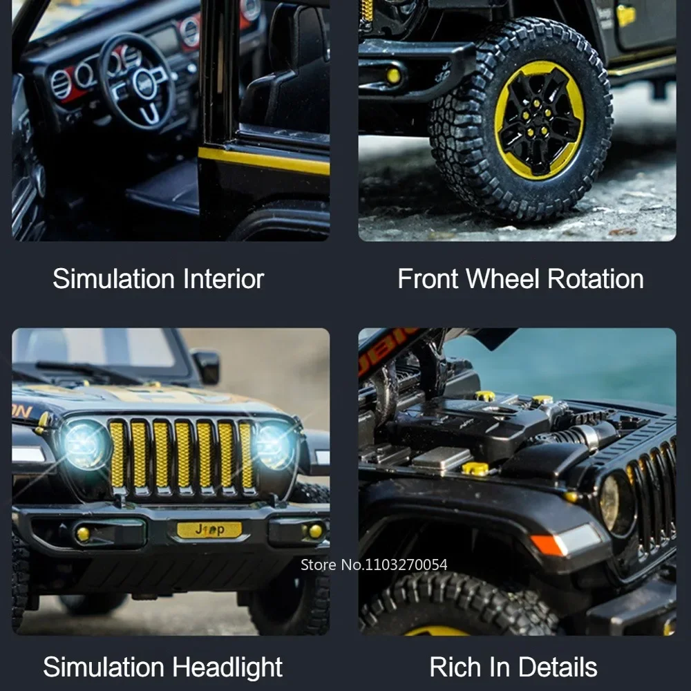 1/24 Wrangler Rubicon Geländewagen Modell Spielzeug Druckguss Legierung 4 Türen geöffnet Sound Licht zurückziehen Gummireifen Fahrzeug Spielzeug Geschenk für Kind