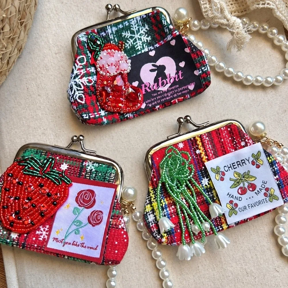Cute Polka Dots Coin Purse Kiss Lock with Detachable Pearl Chain Mini Storage Pouch Sparkly Sequins Small Cosmetic Bag