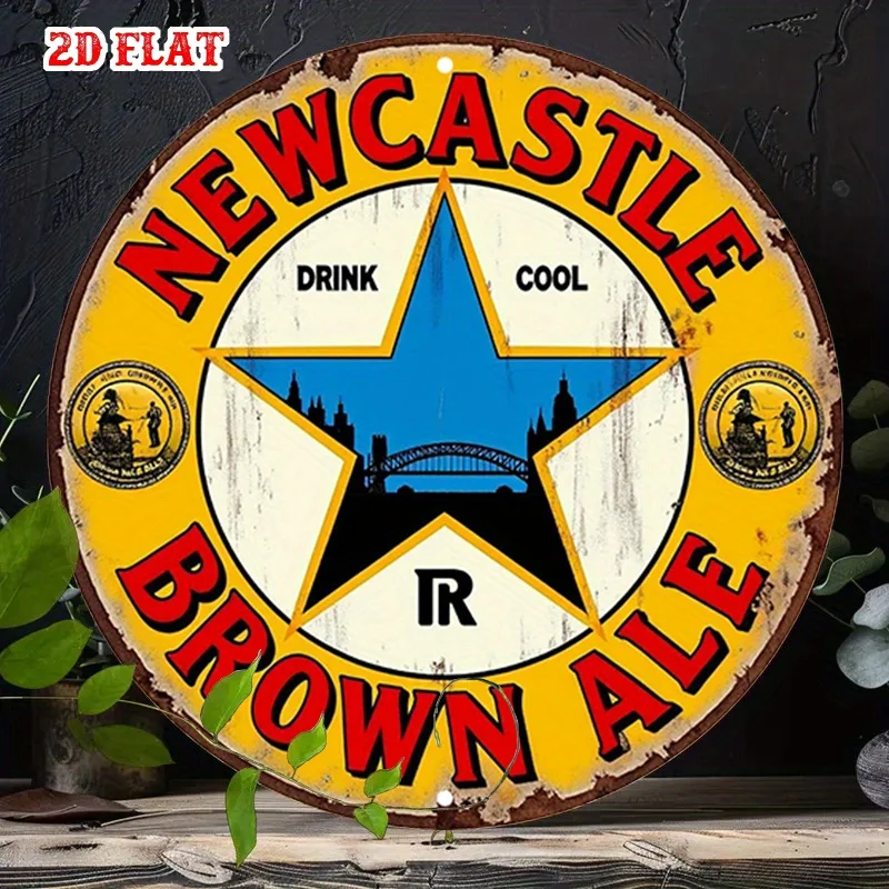 1 قطعة Newcastle Brown Ale Vintage Metal Tin Sign - 19.99 سم لوحة فنية جدارية من الألومنيوم الريفي المستدير مع الطباعة الجريئة وشعار النجمة، Indo
