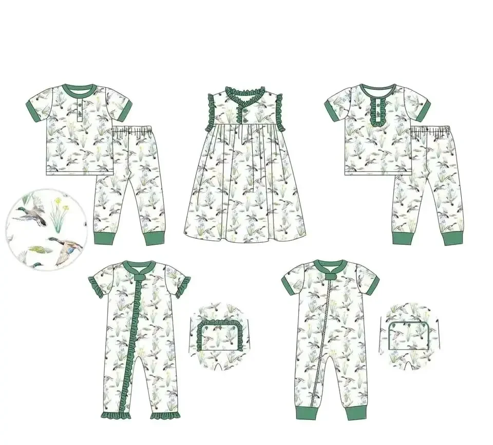 

Boutique children clothes short-sleeved button lace duck flower print trousers girl boy shorts pajamas set baby romper dress