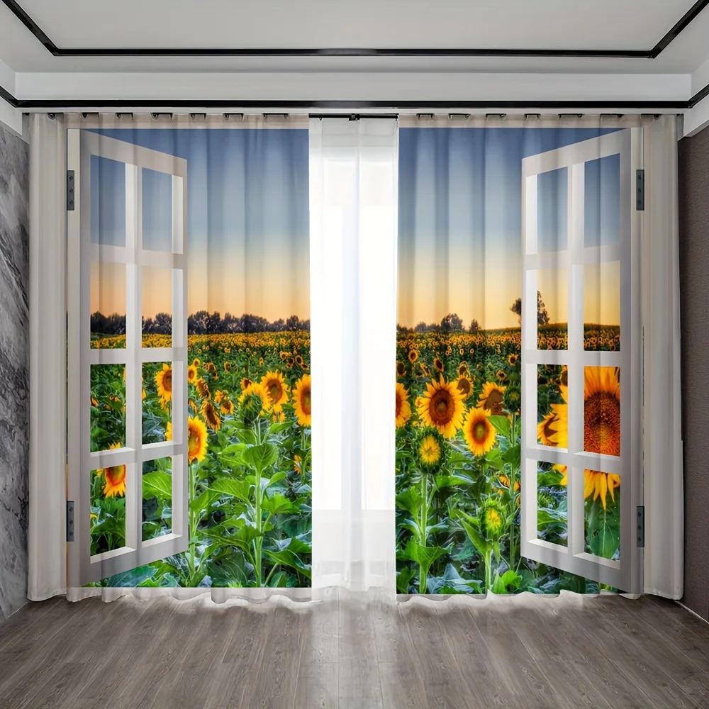 

2pcs Curtains Beautiful Spring Sunflower Flower Beautiful Wishes Modern Printed Curtain With Rod Pocket Curtains For Kitchen