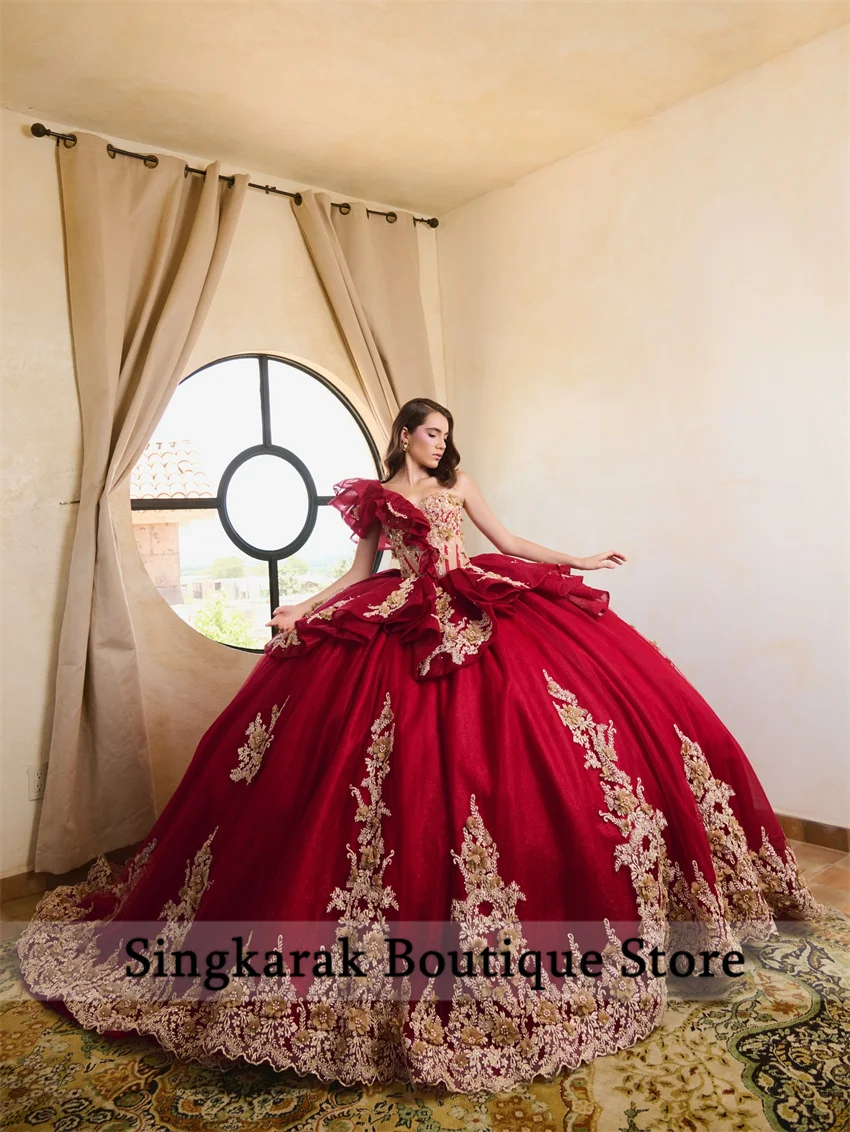 

Роскошные красные платья принцессы Quinceanera с цветочным корсетом и кристаллами на шнуровке и аппликацией, платье de 15, quinceañera, индивидуальный размер