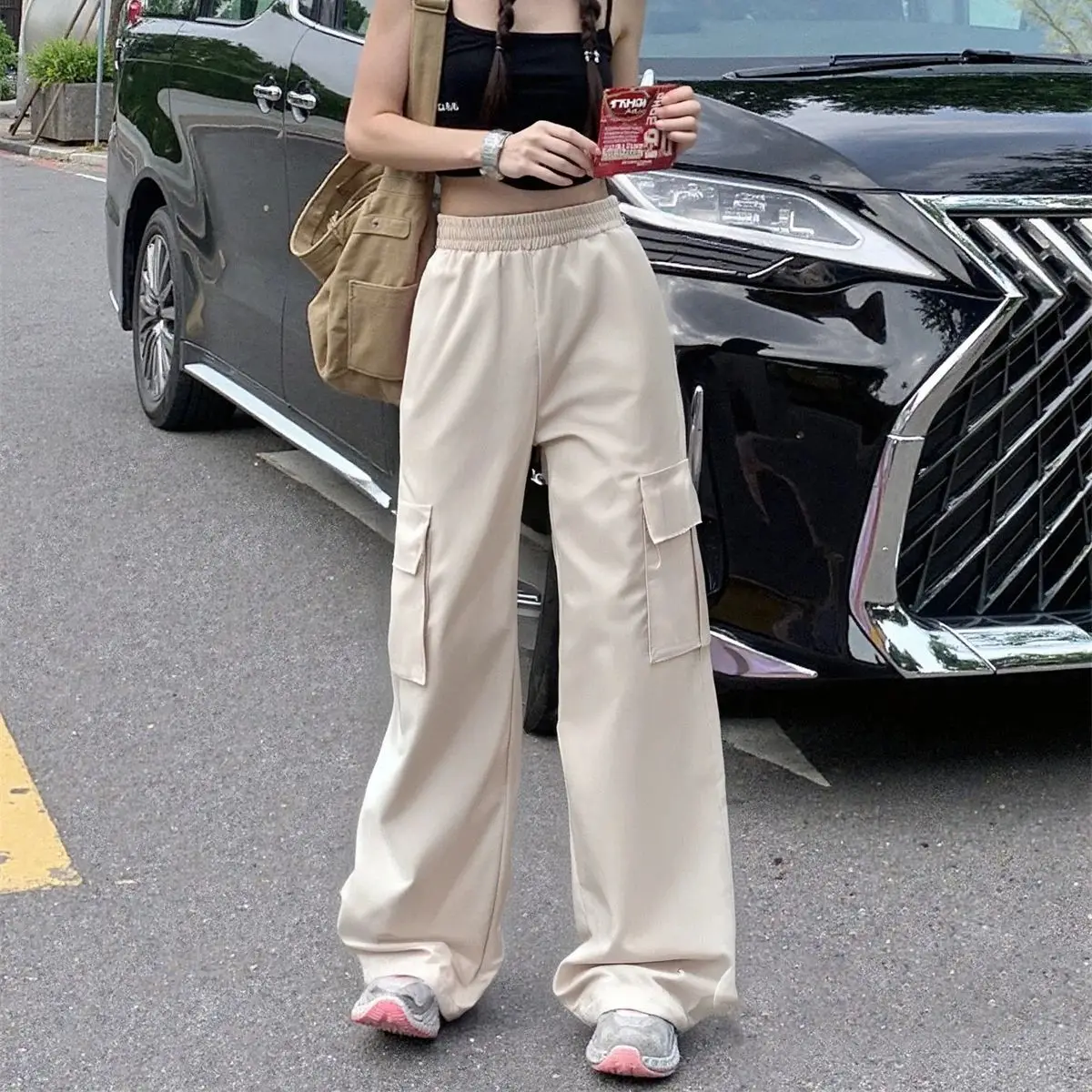 Plus Size Straight Cargo Pants Women Fashion Solid Pocket Elastic Waist Trousers American Retro Street Pant Lady Casual Clothes