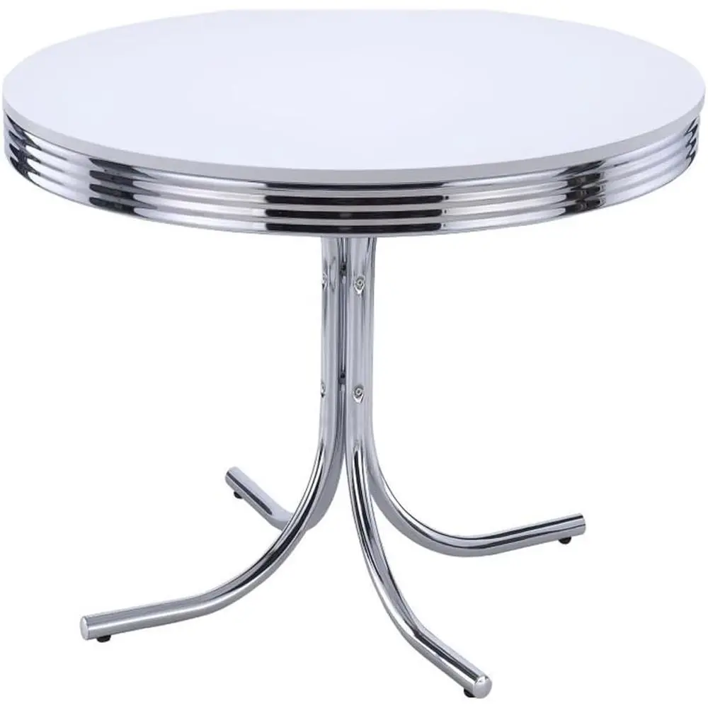 

Glossy White and Chrome Round Dining Table with Metal Legs, 30 High, 42 Wide
