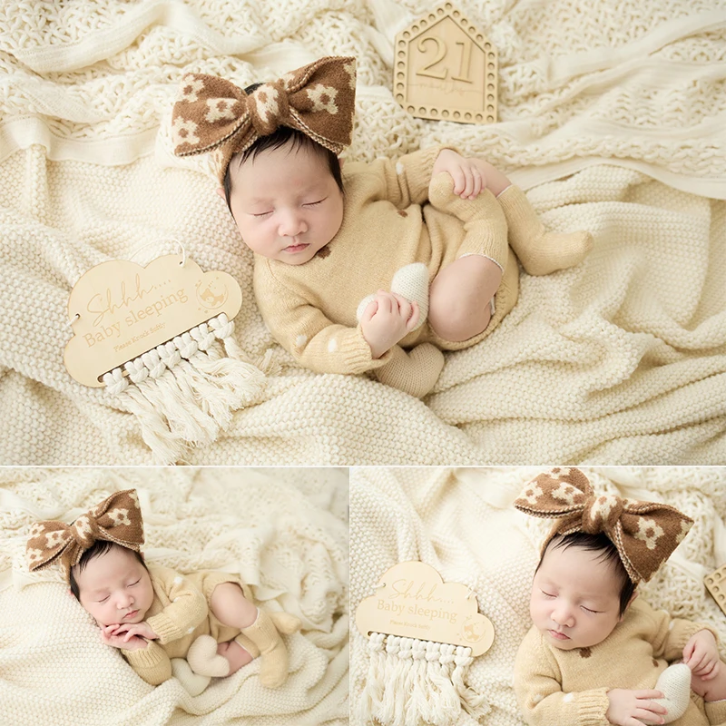 0-1 Month Baby Girl Shoot Clothing Printing Bow Headband Bodysuit Background Mat Sleeping Wooden Sign Newborn Photography Props