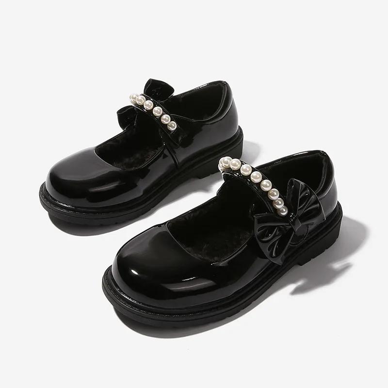 Girl Leather Shoes Fashion Uniform School Black Shoes Glossy Bowknot Pearl Kids Fashion Round-toe Children Princess Single Shoes