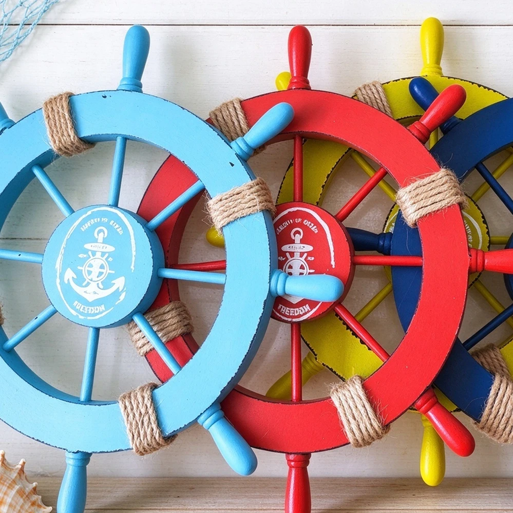 Mediterranean Vintage Wooden Ship Wheel Nautical Boat Wheel Helm Ornament Ocean Theme Photo Wall Accessory Housewarming Gift