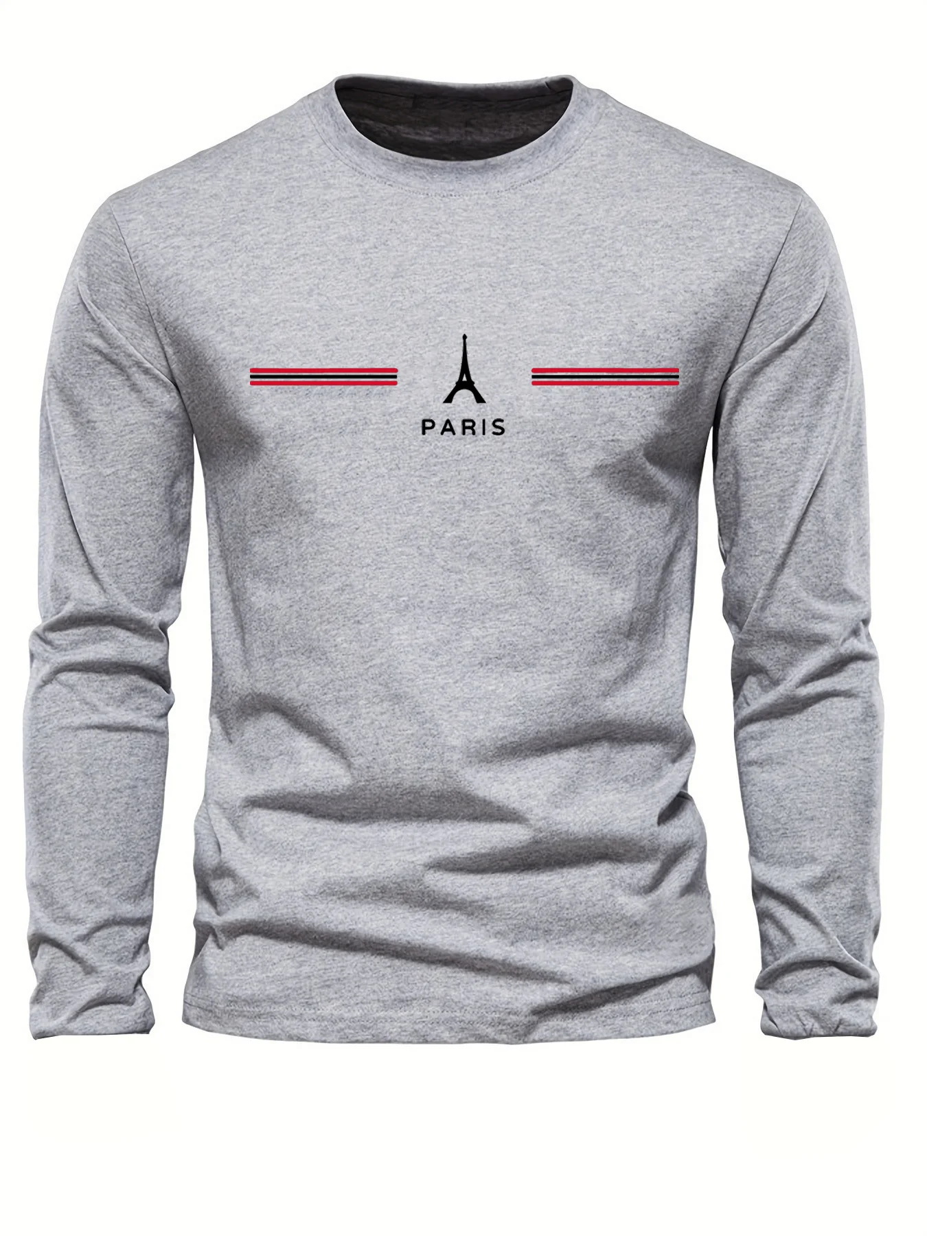 100% algodão puro masculino manga comprida em torno do pescoço solto casual paris padrão impressão primavera e outono versátil camiseta topo