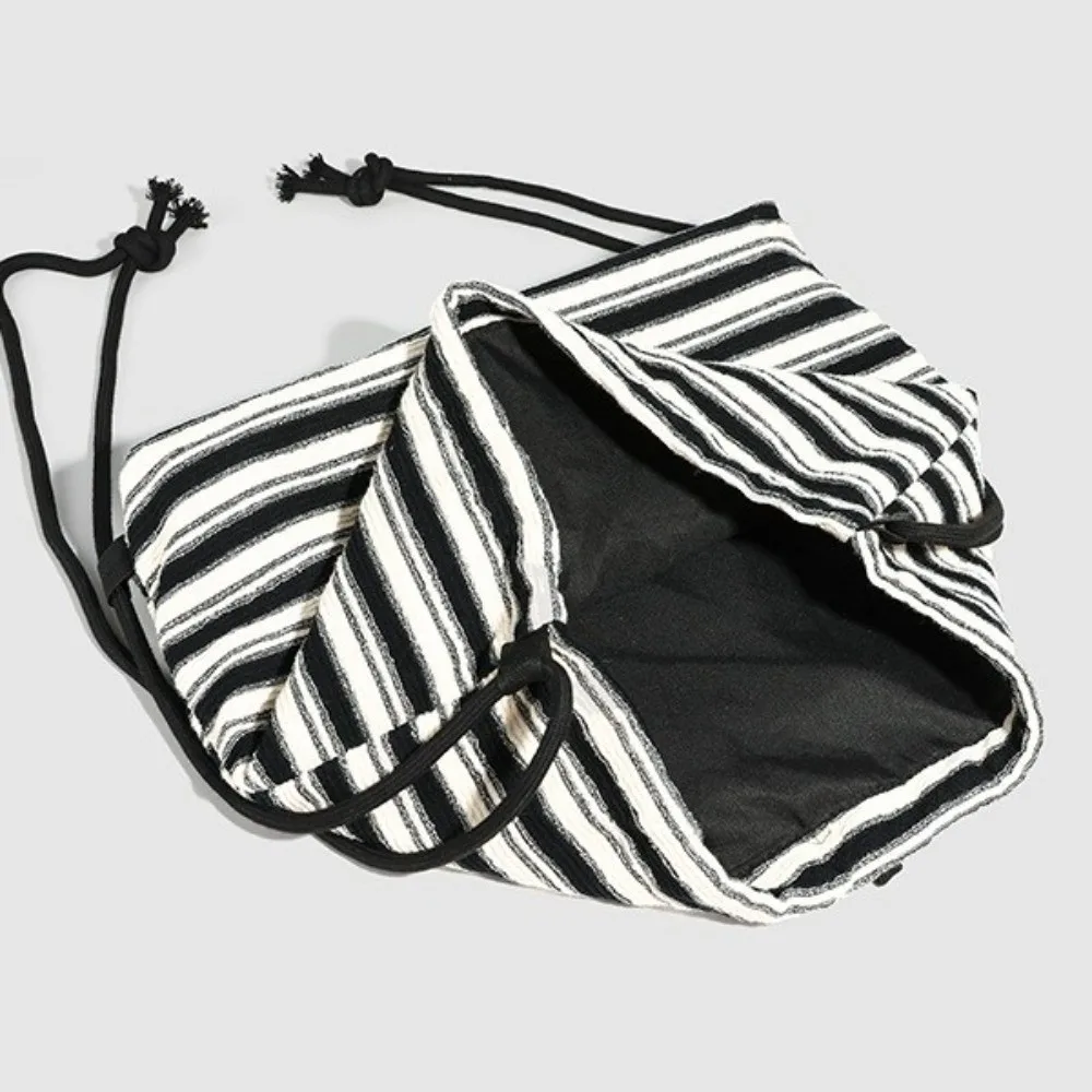 

Striped Design Korean Backpack Large Capacity Double Shoulder Strap Schoolbag Knitted Material Maillard Style Tote Bag Class Use