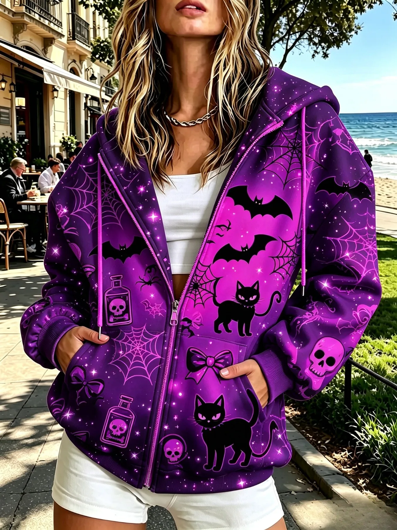 2026 Autumn/Winter Women's Zippered Hooded Sweatshirt for Halloween Festival Fashion Trend - Wacky 3D Pumpkin and Bat Pattern Pr