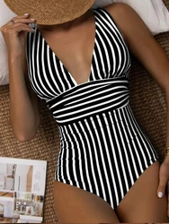 2023 Striped V-neck One Piece Swimsuit Vintage Padded Swimwear Women Bathing Swimming Suit Female Backless Beachwear Bodysuit