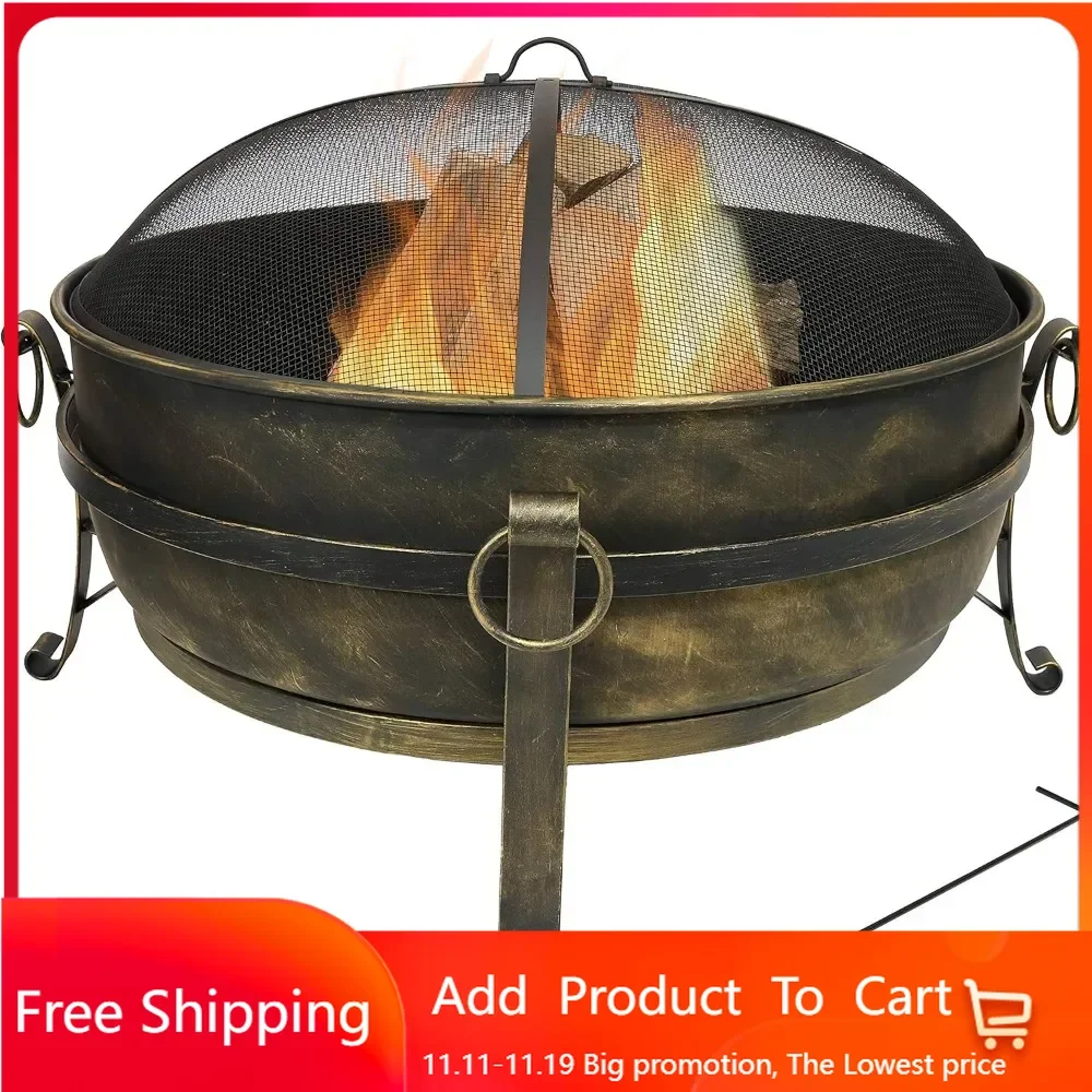 34-Inch Cauldron Style Outdoor Fire Pit Bowl with Spark Screen, Log Poker, and Wood Grate - Dark Bronze Finish-Black