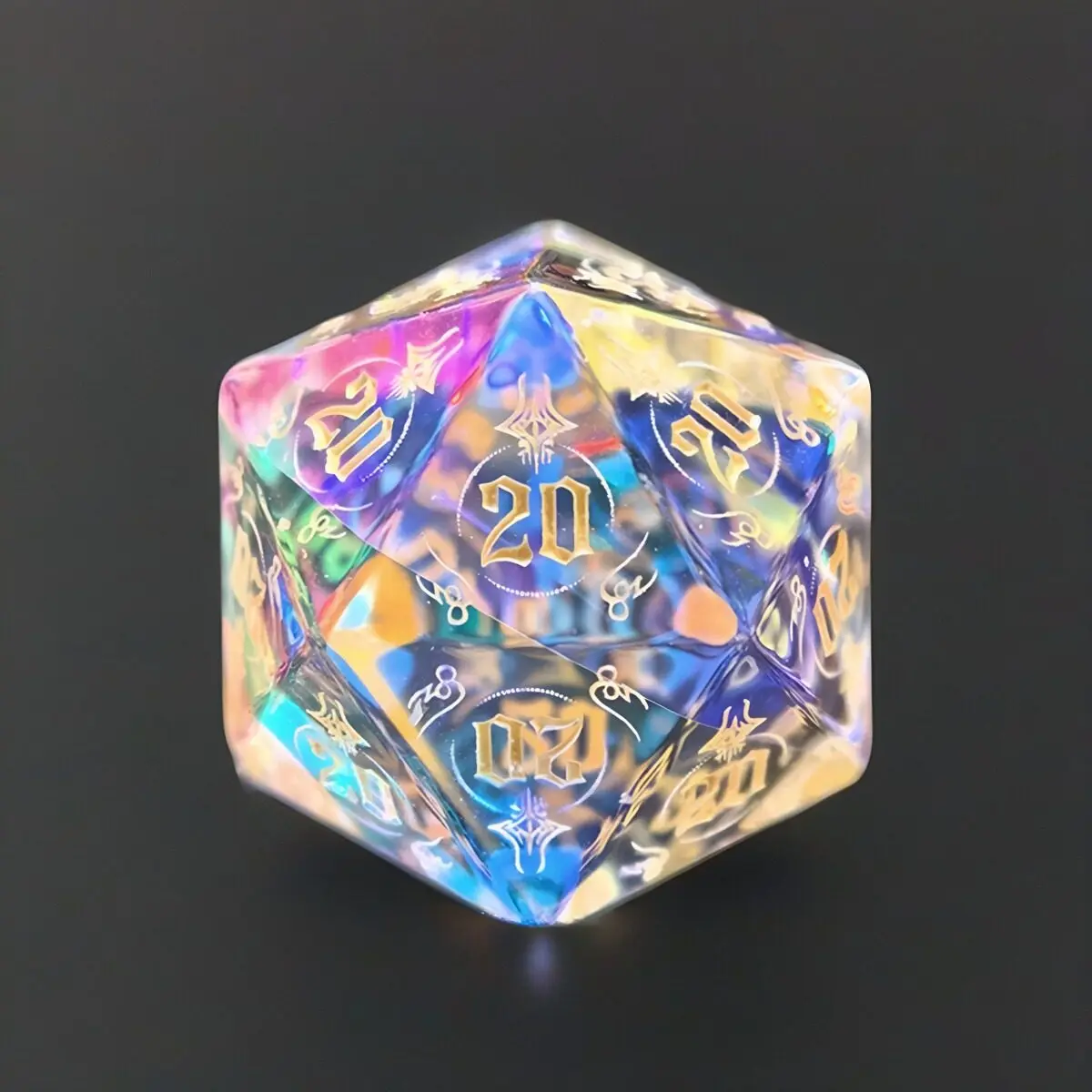 D20, all 20 pieces made of 9K9 iridescent crystal; lucky dice with luminous function, included in a mesh pouch.