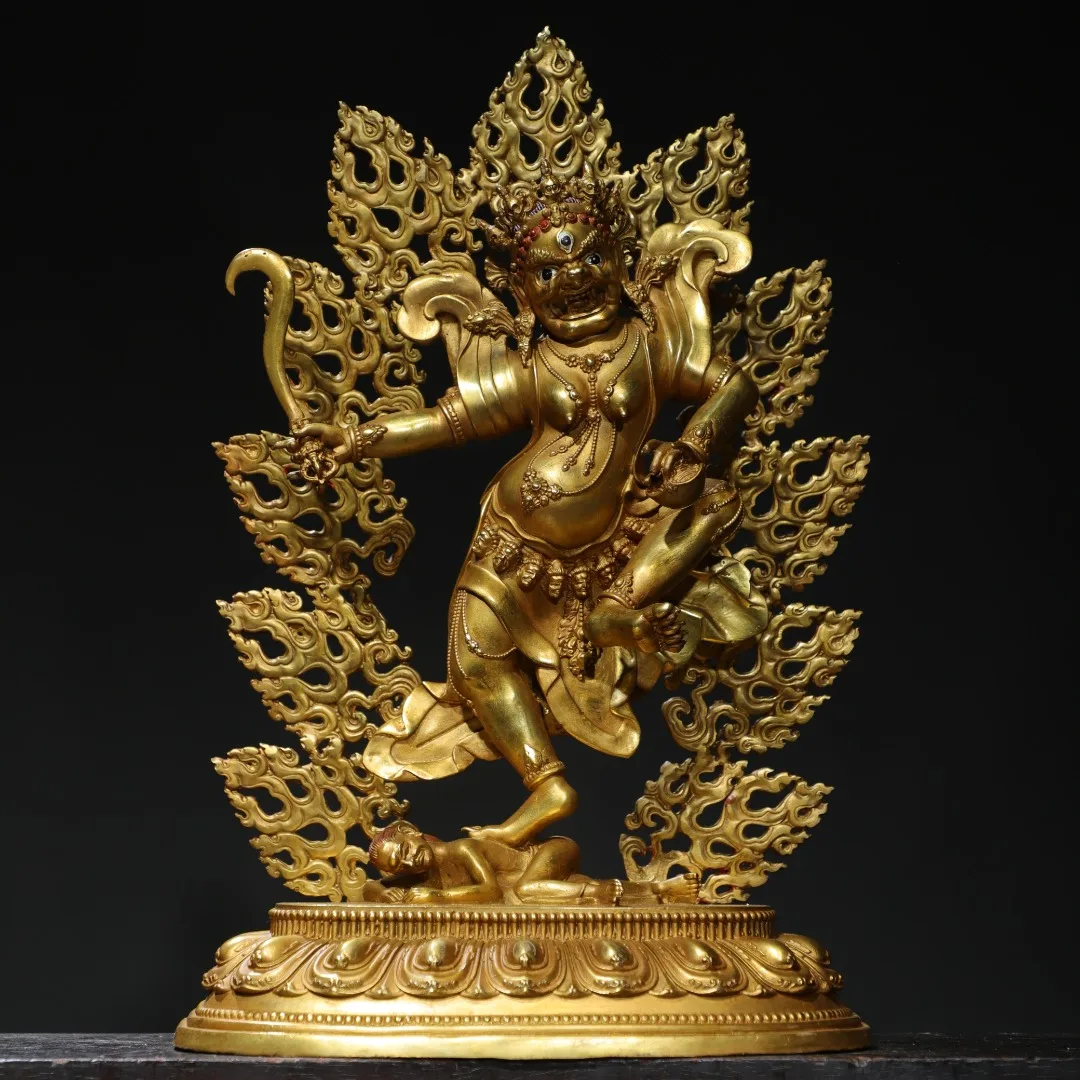 

15"Tibetan Temple Collection Old Bronze Gilded Cinnabar Vajrayana Hand Protector Buddha Backlight Lotus Terrace Worship Hall