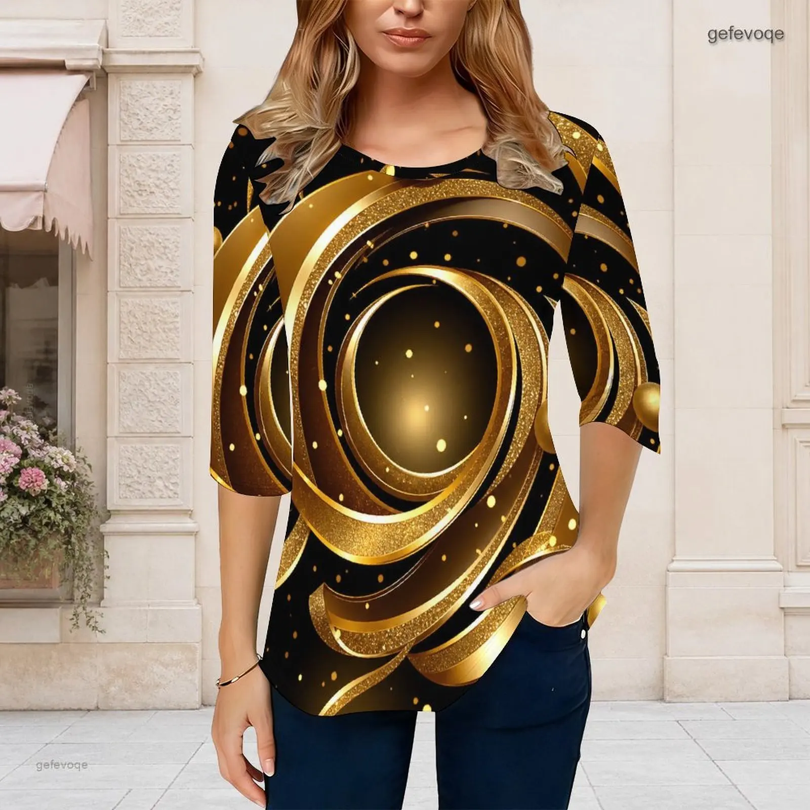 Women Round Neck 3/4 Sleeve Black Golden Swirl Geometric Printed Top