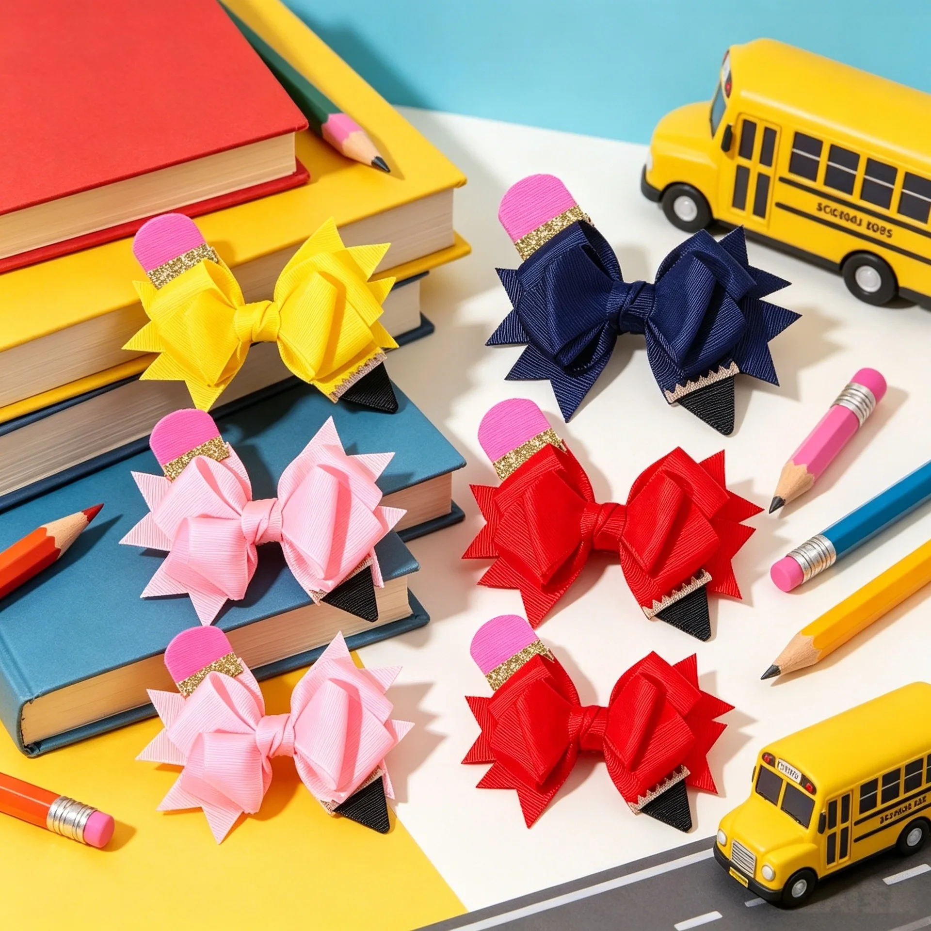 30pc Girls Swallowtail Grosgrain Ribbon Bow Hair Clips with Pencil Crayon Prints Long Tassel Hairpins - Back to School Headwear
