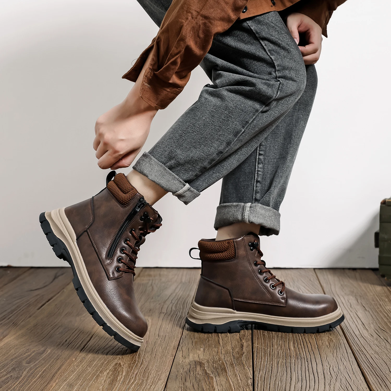 Sicherheitsstiefel Braun Wasserdicht Herren Stahlkappenschuhe Arbeit Anti-Drop Anti-Piercing Starke langlebige Schutzschuhe Unzerstörbar – Detail 7