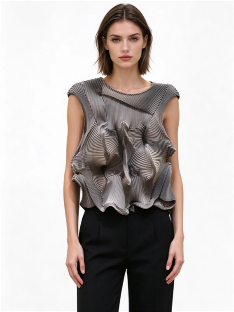 Miyake Heavy Industry Japanese Age Reducing Flower Bud Aesthetic Design Folded Top Irregular Sleeveless Tank Top 2024 Summer New