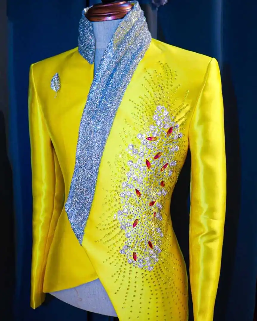 Fashion Yellow Wedding Tuxedos Unique 2 Piece Set Jacket Pants Men Suit Designer Formal Groom Wear Party Suits Customized