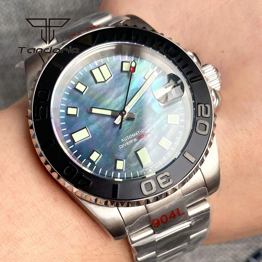 Tandorio 40mm 200m NH35A Fashion Automatic Men\'s Dive Watch Shiny Mother of Pearl Dial Sapphire Glass Rotating Bezel Glide Clasp