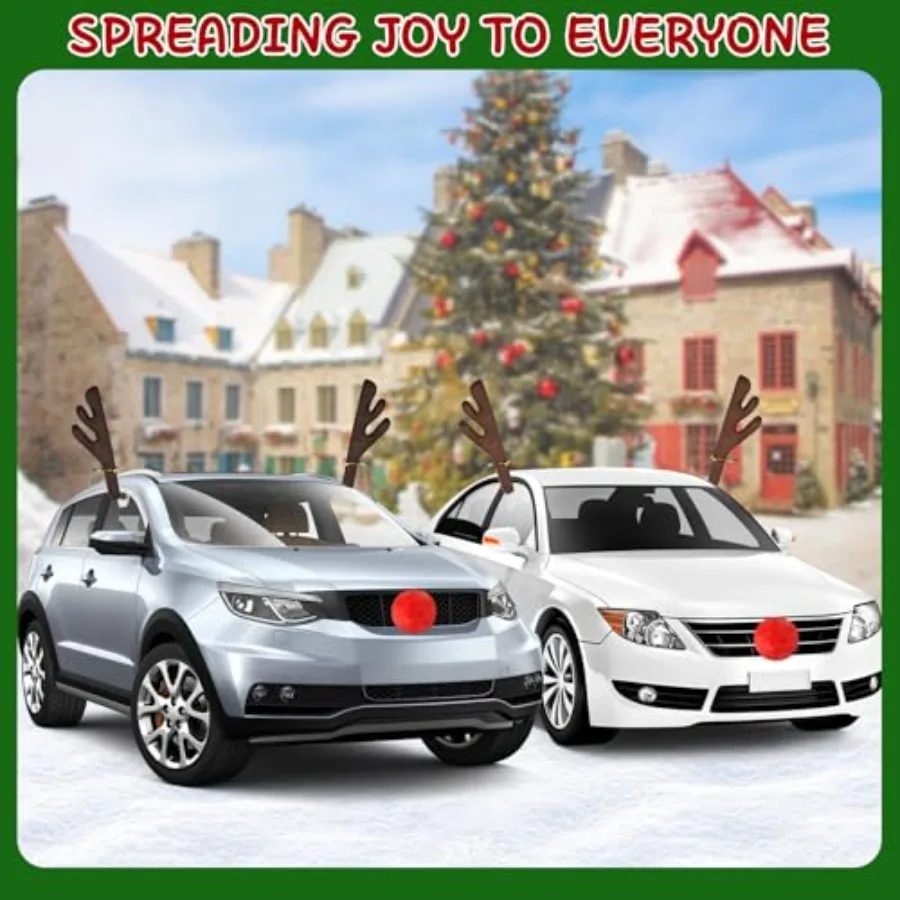 Car Antlers for Christmas with Nose, Reindeer Antlers Window Roof-Top and Front Grille, Auto Holiday Decoration Truck Reindeer