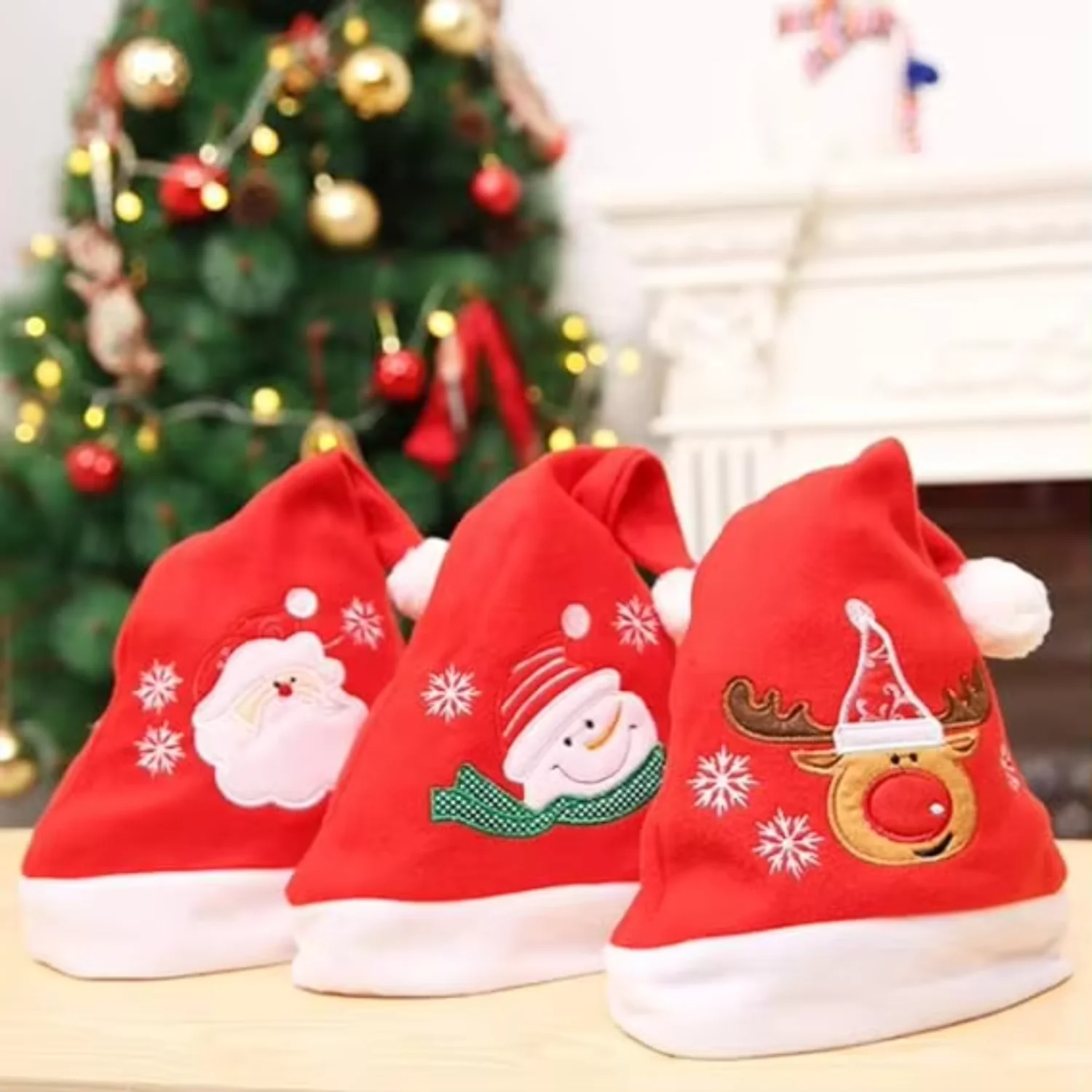 Xmas Plush Santa Hats Embroidery Santa Claus Snowman Elk Christmas Decorations for New Year Festive Holiday Party Supplies