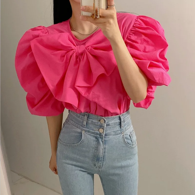 Neploe Korean Fashion Western Style Shirt Femme Solid Color Versatile Pleated Bowknot Decoration Blouse Sweet Puff Sleeve Blusa