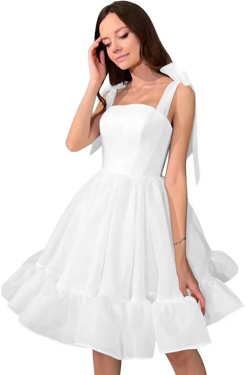 

Short Wedding Gown for Women Organza Graduation Dress with Bow Puffy Cocktail Party Gown Homecoming Dress for Bride