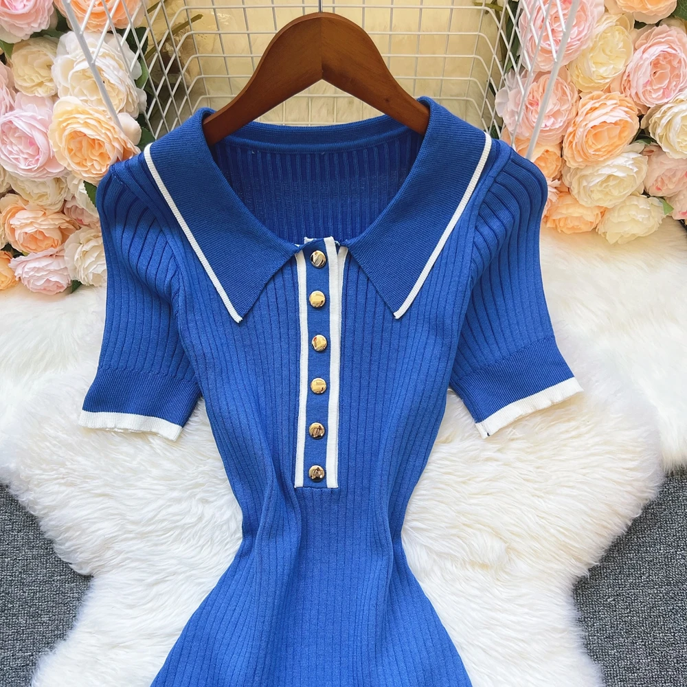 YuooMuoo chique moda sexy pacote quadris malha vestido de verão feminino elegante turn-down colarinho costela malha mini vestido streetwear