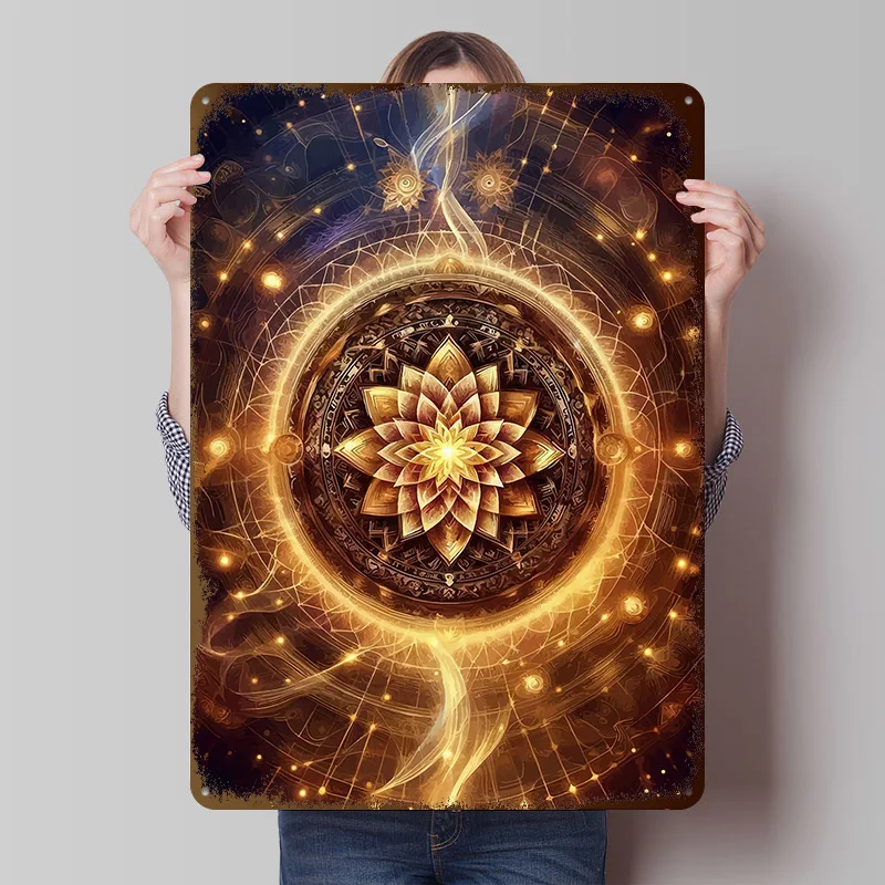 Golden Lotus Mandala With Cosmic Tinplate Poster Customized Wall Art Vintage Metal Signs Retro Plates for Home Decoration Luxury
