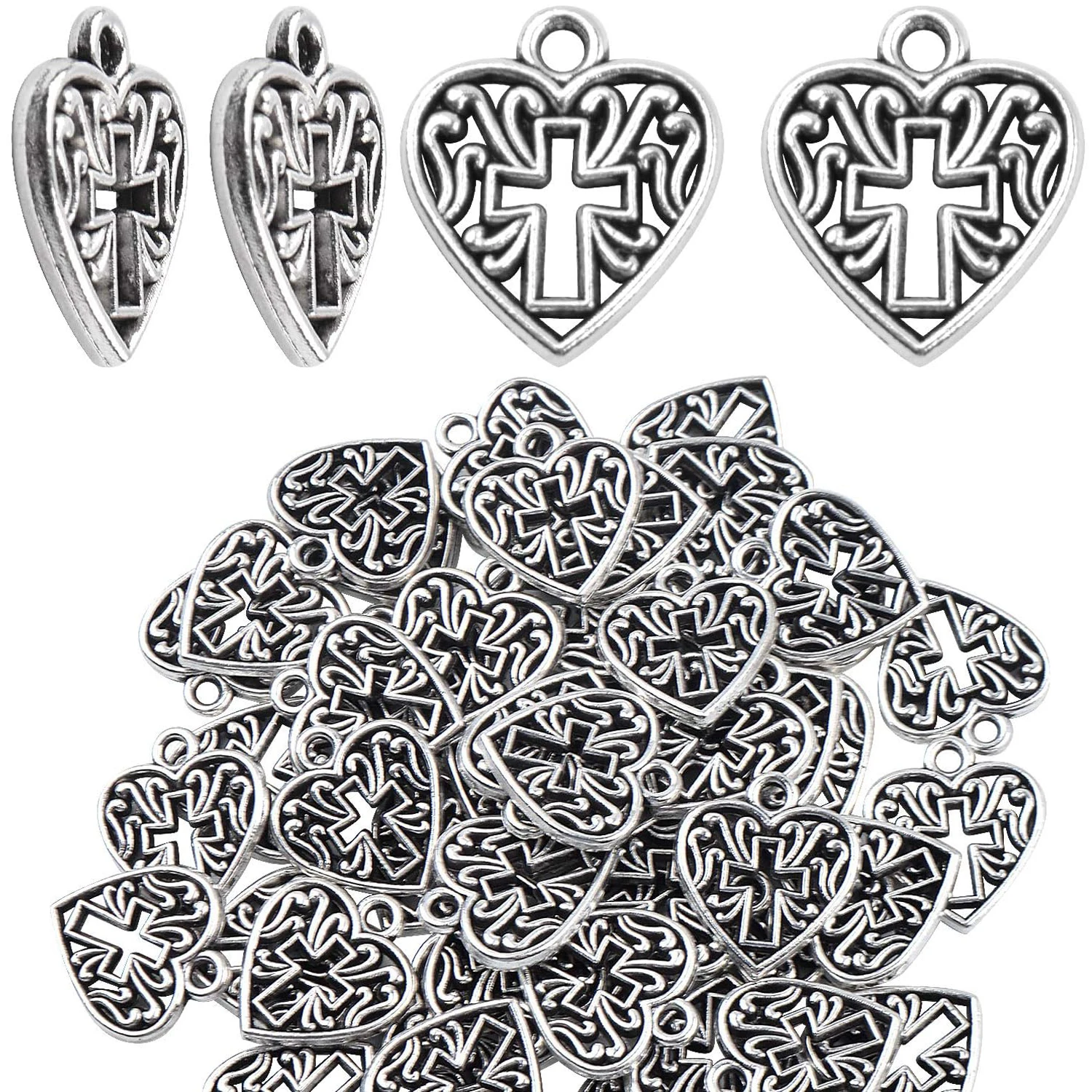 

Heart Cross Charms, 50 Pieces Alloy Metal Love Heart with Cross Charms Pendants for Making Bracelet Necklace - Antique Silver