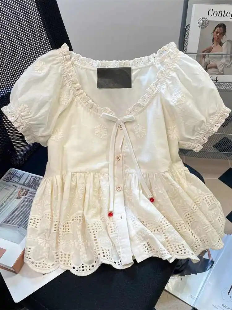 

Women's Apricot Embroidery Blouses Short Sleeve Shirts Y2k Vintage Korean Harajuku 2000s Harajuku Shirt Cutecore Clothes Summer
