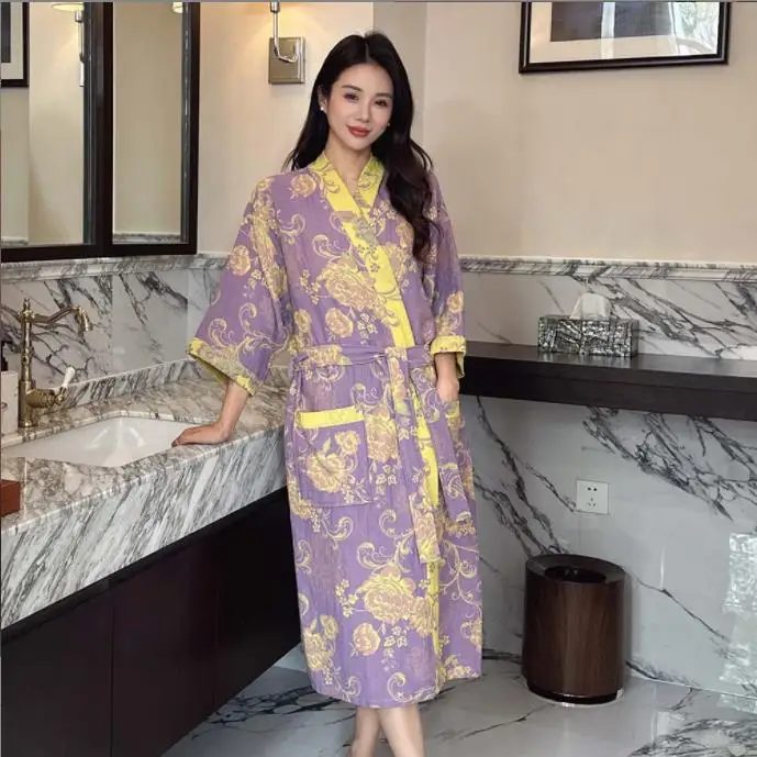 Cotton Gauze Print Kimono Robes Female Home Clothing Spring Summer New Loose Fitting Bathrobe Pajamas Casual Women Sleepwear