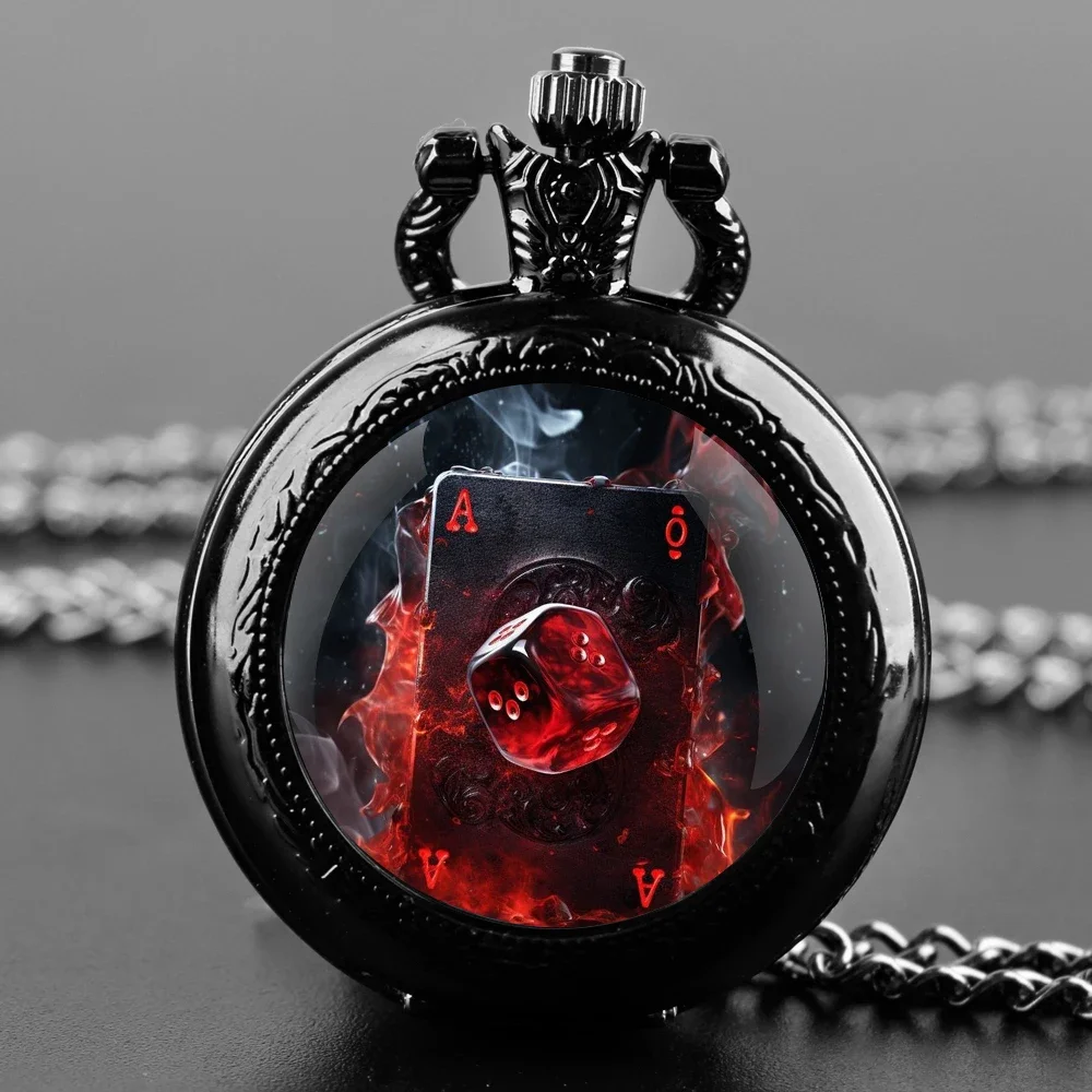 ساعة جيب كوارتز مستوحاة من نرد البوكر - قرص قبة زجاجية، سلسلة قوية، اختيار هدية إبداعي للجنسين