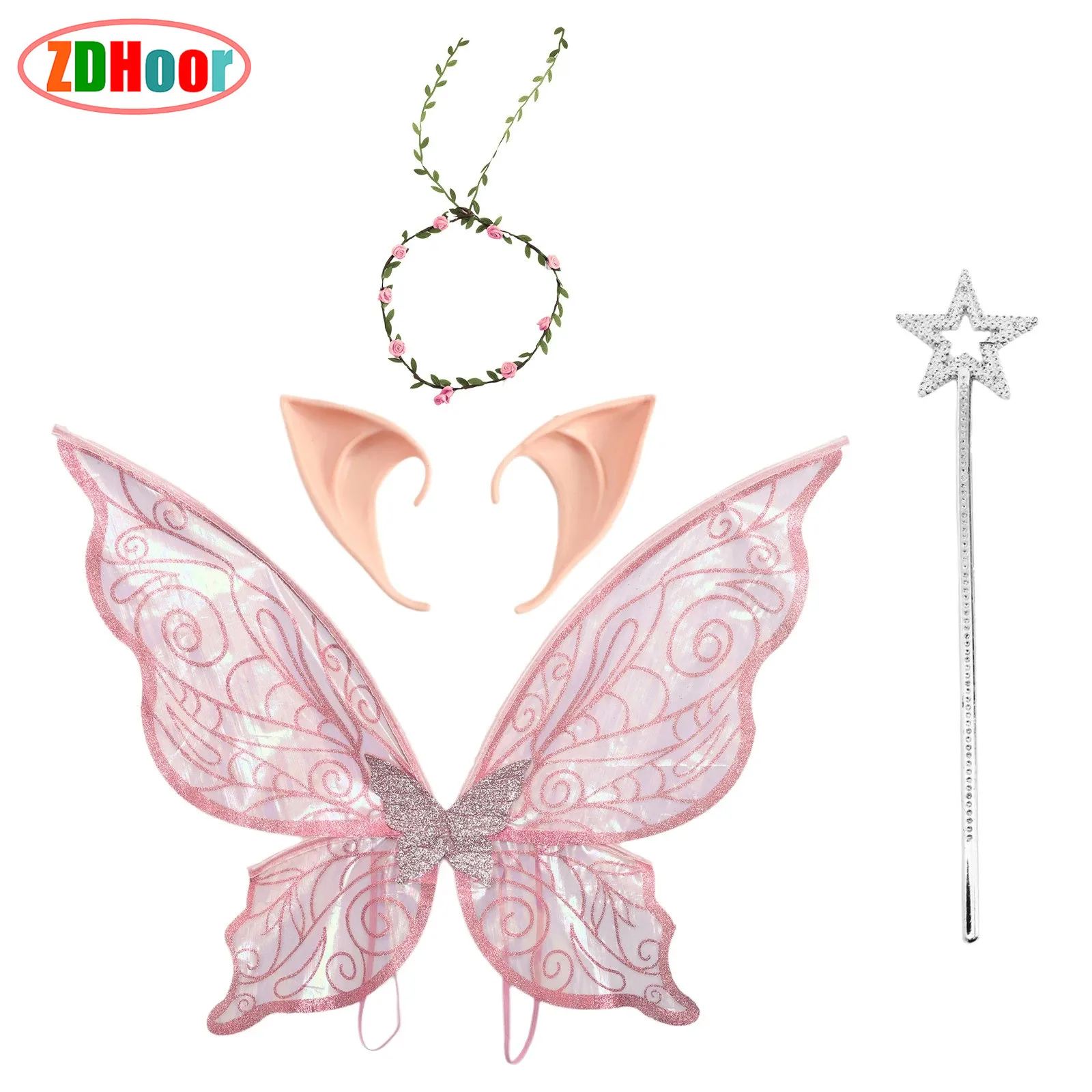 

Women Girls Cosplay Props Elastic Strap Sparkly Material Decorated Butterfly Wings Elf Ears Fairy Stick Garland Festival Supply