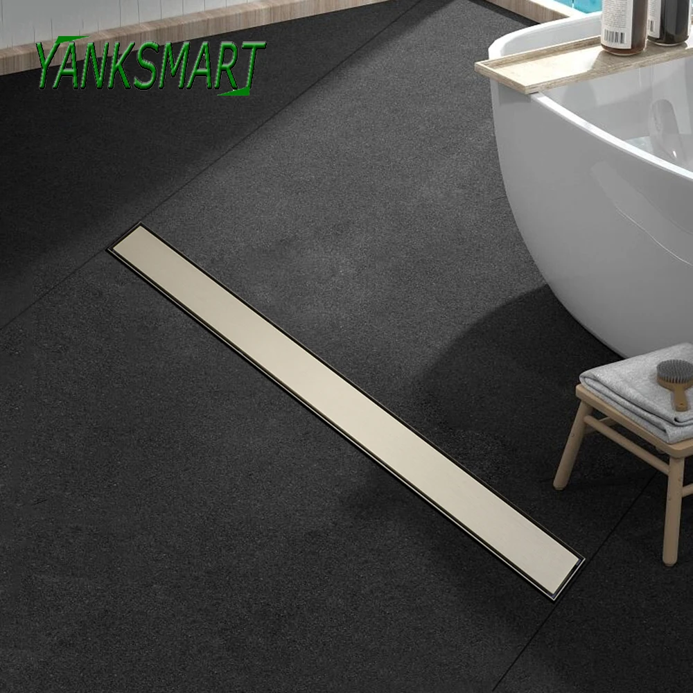 

YANKSMART Brushed Gold 304 Stainless Steel Floor Conceal Drain Long Linear Drainage Channel Drain for Hotel Bathroom Floor