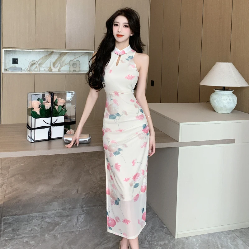 جديد الصينية Sle مثير شق Bodycon ميدي الدكتور المرأة الخريف 2025 تنورة دانتيل الرجعية الأزهار طباعة ثوب للمساحة والزفاف