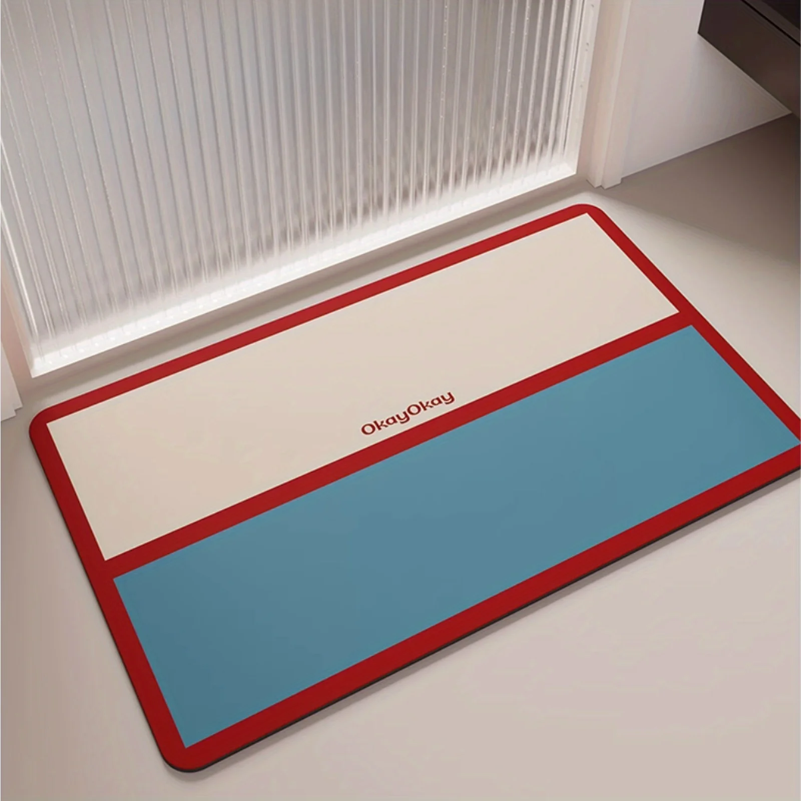 Fashionable Red and Blue Line Printed Bathroom Anti-Slip Mat, Water-Absorbing and Quick-Drying Rubber Material Door Mat