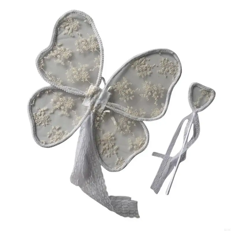 M89C 2Pcs Lace Angel Wing for Little Girls with Matching Magical Embroidered Photography Props for Children's Event